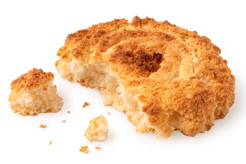 Broken coconut cookie isolated on white. Partially eaten with crumbs.