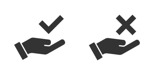 Checkmark on hand icon. Сonfirm and reject symbols. Vector illustration.