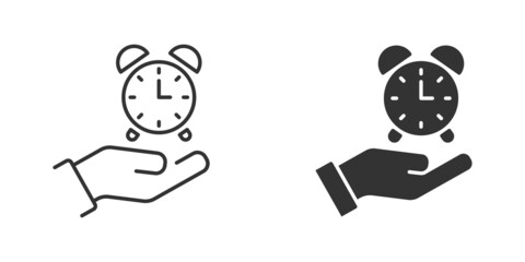 Hand holding alarm clock. Hand with clock icon. Flat vector illustration.