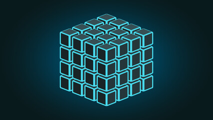 Blue neon futuristic cube of cubes on dark background