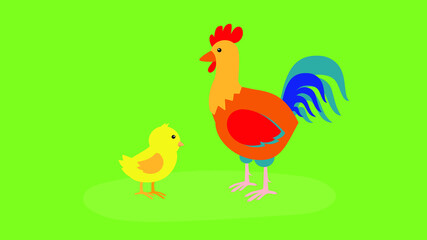 Red rooster and yellow chick