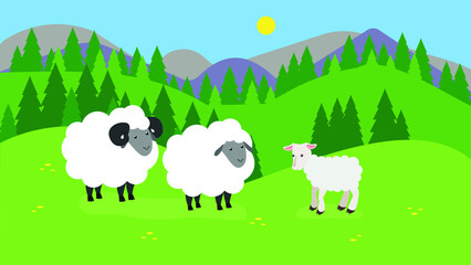 Obraz na płótnie Canvas Sheep and lambs graze on green grass in the forest