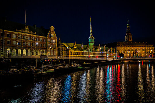 Night cityscape of Copenhagen city by the river side, Denmark