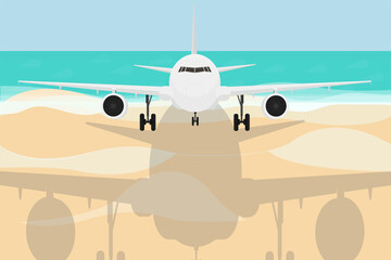 white passenger plane flies over the sea and beach on vacation flight air transport