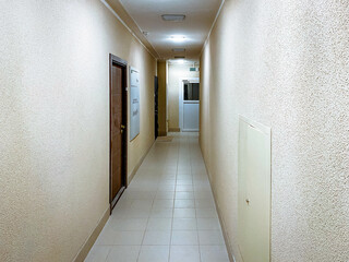 spacious entrance hall. apartment doors are located on the sides. brown metal front door tenant. narrow passage in a multi-storey building
