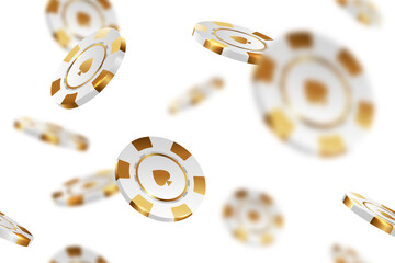 White gold casino chips falling seamless background isolated on white in different positions. Poker endless texture with falling golden defocused blur elements - 506709509