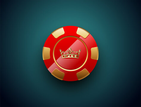 Red Gold Poker Chip Glossy Black Jack Poker Club Casino Crown Emblem Isolated On Turquoise Background. Vector VIP Casino Chip Icon Design. Royal Casino Background