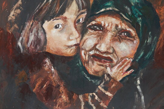 Frightened grandmother with a little granddaughter in her arms. Portrait of a sad old woman hugging a child protecting her. Modern abstract acrylic painting on canvas