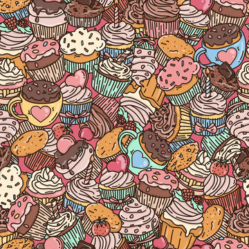 Seamless pattern with doodle-style cupcakes. Different cupcakes with different fillings and toppings. Colorful vector illustration on pink background.