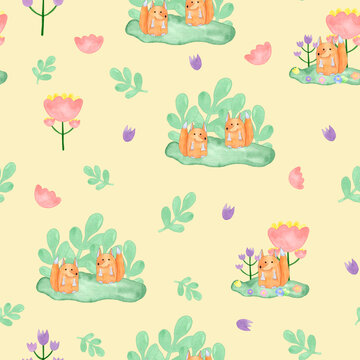 The fox is painted in watercolor, with flowers. Seamless pattern. In the children's style.