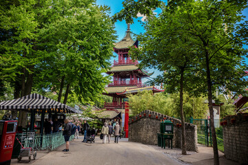 Chinese traditional pagoda temple in Chinatown area inside Tivoli Gardens, Copenhagen, Denmark
