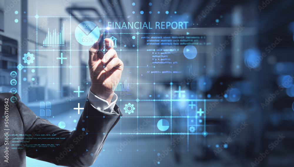 Poster Global market analyzing concept with man hand writing on digital virtual display with financial report indicators, double exposure