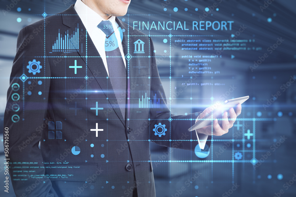 Poster sell and analyzing stock concept with businessman looking at digital tablet screen and virtual displ