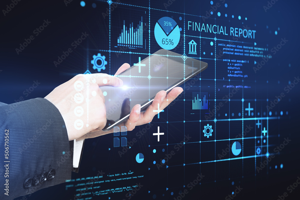Poster Global market analyzing concept with businessman hands using digital tablet and virtual screen with financial report indicators and data, double exposure
