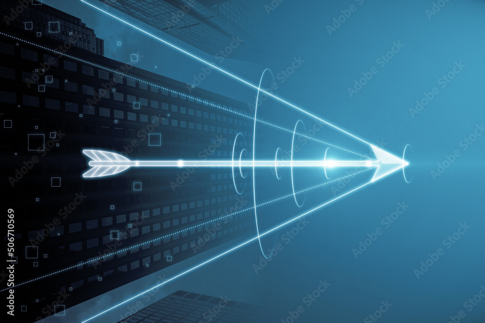 Poster high-tech industry development concept with purposefully flying digital arrow on abstract background