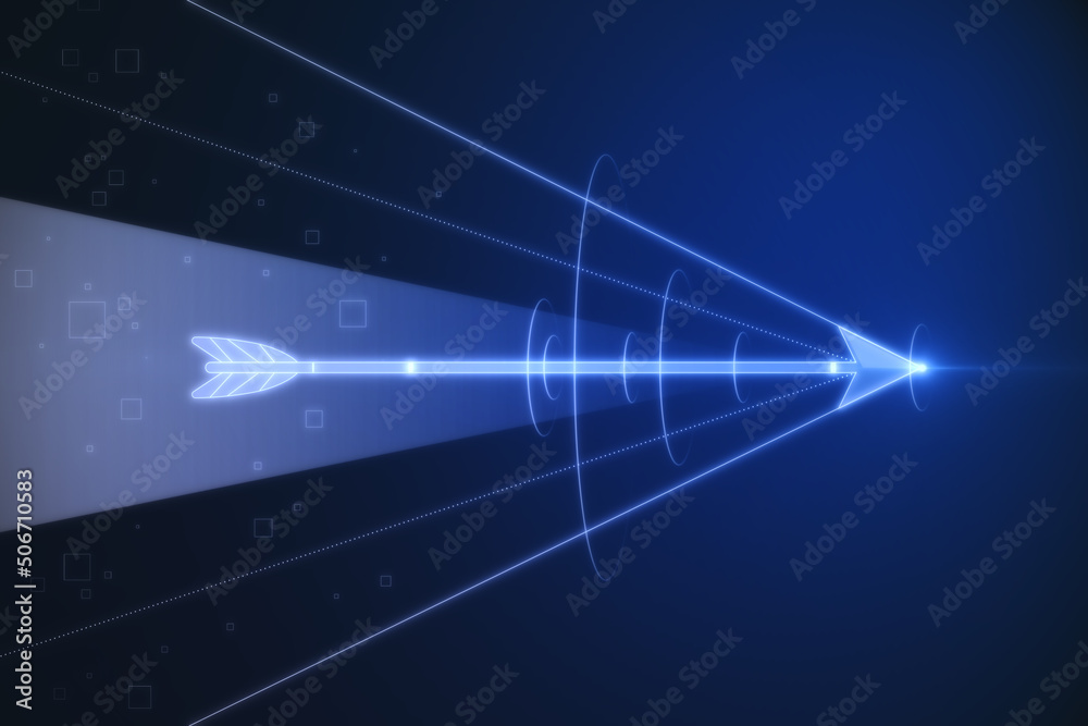 Poster Innovation and speed technology concept with glowing digital flying arrow leaving a trail of lines on abstract dark background. 3D rendering