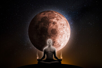 Man with yoga pose in front of the Moon