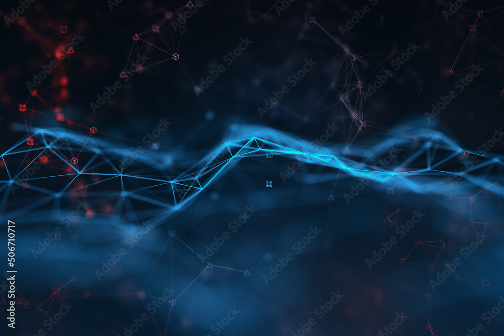 Aufkleber abstract technological concept with blue digital wireframe waves at dark smoky backdrop, greed for l