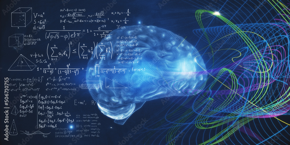 Poster Artificial intelligence concept with digital human brain with convolutions, mathematical formulas and multi-colored chaotically painted lines on chalkboard. 3D rendering