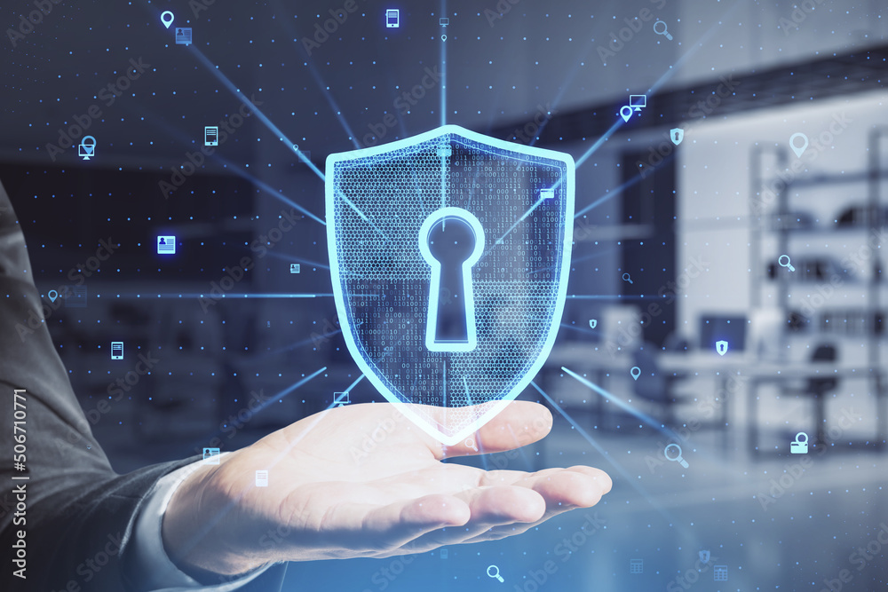 Poster business network and digital data security concept with man hand projecting virtual shield symbol wi