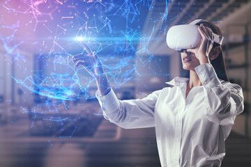 Metaverse and virtual reality concept with young woman using headset touching hologram...