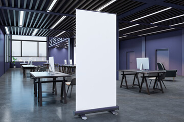 Blank white poster on concrete floor in stylish open space office with dark wooden ceiling, black wooden work tables with modern computers and city view from big windows. 3D rendering, mockup