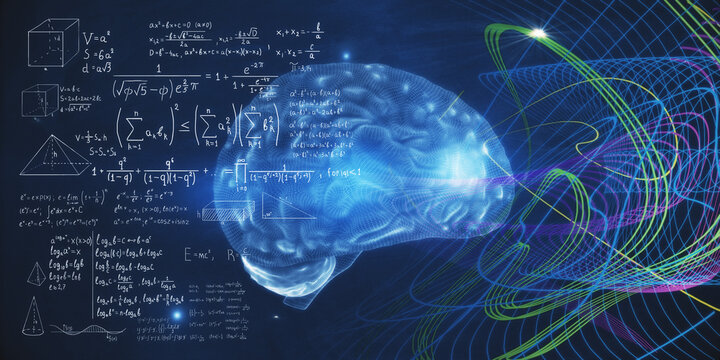 Artificial intelligence concept with digital human brain with convolutions, mathematical formulas and multi-colored chaotically painted lines on chalkboard. 3D rendering