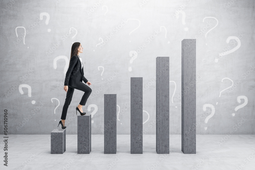 Poster how to succeed and career ladder concept with businesswoman walks up the growing columns on grey wal