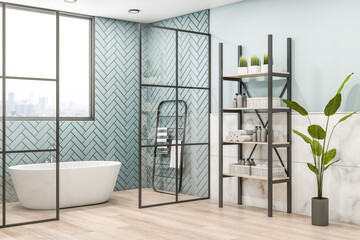 Perspective view on stylish white bath on wooden floor under the window with city view and glass partitions near black bathroom shelving and green plant in dark pot. 3D rendering
