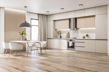 Side view on stylish, sunny kitchen area with modern white kitchen set and furniture, stylish lamp from top, wooden floor and city view from window. 3D rendering