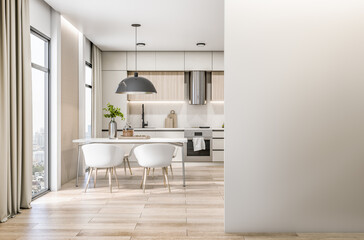 Front view on blank light wall at the entrance to sunny kitchen room with white furniture, modern round lamp from top, wooden floor and city view from big window. 3D rendering, mock up