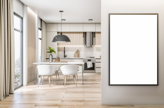 Front view on blank white poster in black frame on light wall in sunny kitchen room with white furniture, modern round lamp from top, wooden floor and city view from big window. 3D rendering, mockup