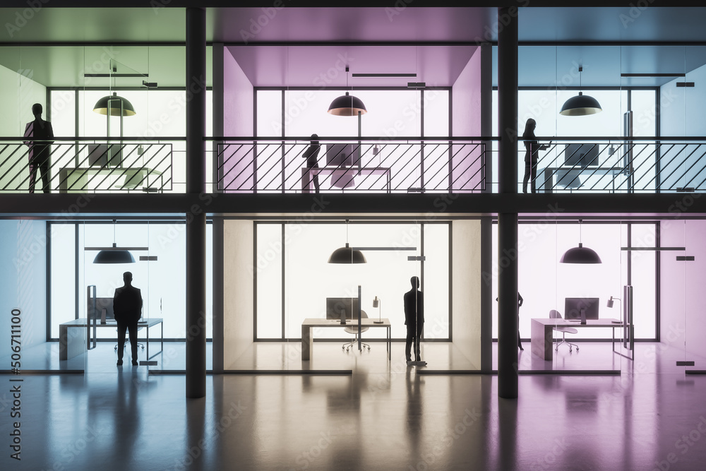 Aufkleber Front view on coworking area with separated by colorful walls parlors with minimalistic workspaces and people inside