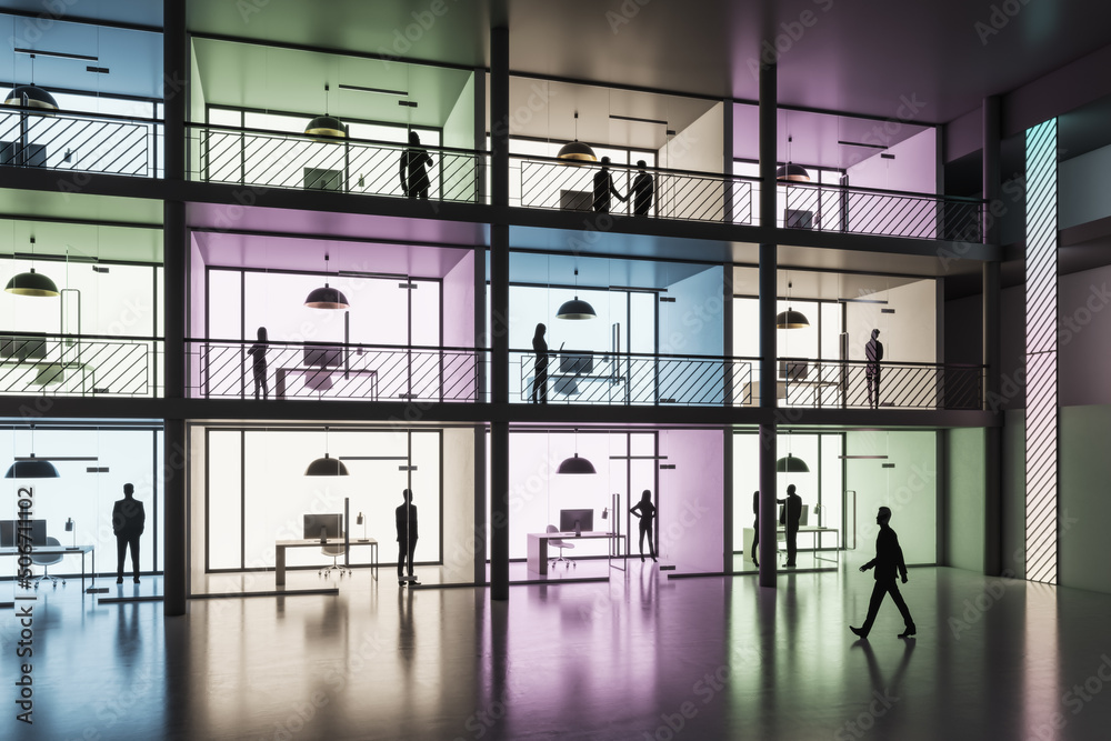 Poster Perspective view on modern three floors coworking office or show room with small parlors with work spaces and colorful walls and people inside in spacious area with glossy floor