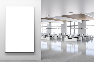 Front view on blank white poster in black frame in sunny spacious office with modern work places furniture, wooden slatted ceiling, glossy floor and city view from big windows. 3D rendering, mockup
