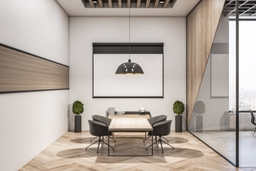 Eco style meeting room with wooden decorated ceiling and wall, wooden floor and modern wooden conference table in the center surrounded by black chairs. 3D rendering