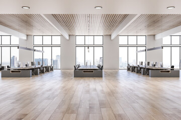 Side view on sunny open space office with rows of workspaces made from wooden tables and chairs on wooden floor, city view from huge windows and wooden slatted ceiling. 3D rendering