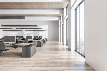Side view on sunny spacious coworking office with modern interior design decorated by wooden slatted ceiling and floor, white walls and city view from big windows. 3D rendering - obrazy, fototapety, plakaty