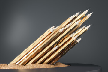 Advertising copywriting agency and creativity startup concept with golden color upward pencils on abstract dark background. 3D rendering