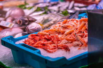 Great quantity of fresh seafood on fish market in Barcelona, Spain