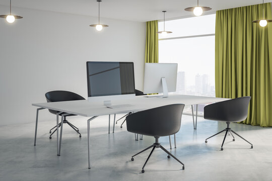 Stylish coworking office interior design with marble floor, white tables with modern computers, black chairs and green curtain on the window with city view. 3D rendering
