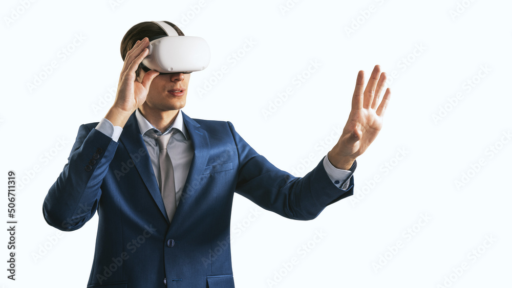 Poster young businessman working in virtual reality office in vr glasses, presses his hand virtual interfac