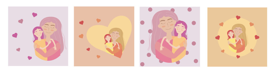 Set cute vector mother hugs her happy smiling daughter. Illustration of family love, parenthood, motherhood for Happy Children Day or Mother's day, banner. Vector in AI format. Pink, orange, hearts