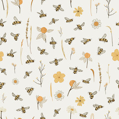 bees and flowers vector seamless pattern - obrazy, fototapety, plakaty