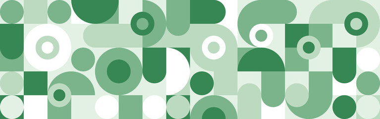 Seamless mosaic with geometric shapes in the style of a Scandinavian pattern, pastel background with circles, squares. Minimalistic green abstract template for cover or web design.