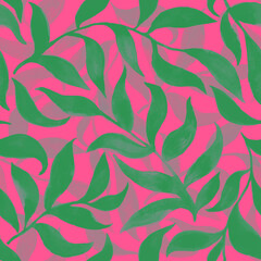 Seamless pattern with stylized green branches, leaves on a pink background. Watercolor hand-drawn illustration. Print in rich, variegated colors. Template for the design of textile, wallpaper products