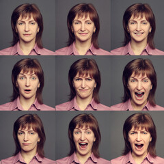 Collage of woman different facial expressions on grey background