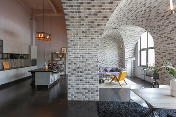 modern luxury design of a brutal apartment interior with arches in the style of a medieval castle...