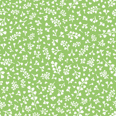 Abstract botanical floral seamless repeat pattern. Random placed, vector hearted plants all over print on pastel green background.