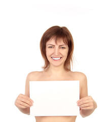 Fototapeta premium Naked Smiling Woman holding empty poster and hide her chest
